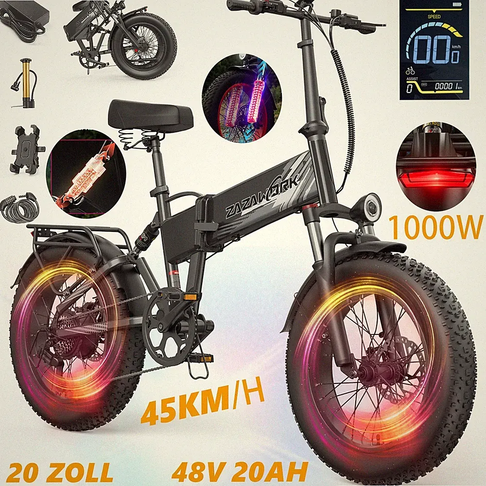 1000W 20 Zoll Klapprad E-Bike 48V20Ah 45KM/H E-Mountainbike Fatbike Off Road Neu