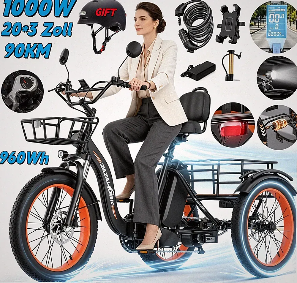 1000W 3 Rad E-Bike 48V20Ah Klapprad Elektrodreirad 20 Zoll Elektro-Lastendreirad