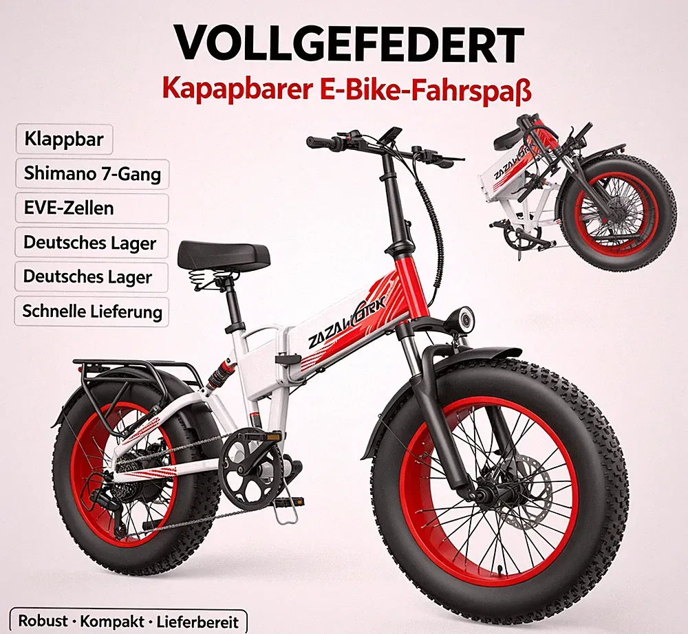 1000W 48V20Ah Elektrofahrrad Klappbar EMTB Offroad E‑Bike 50KM/H 7Gang ZAZAWORK