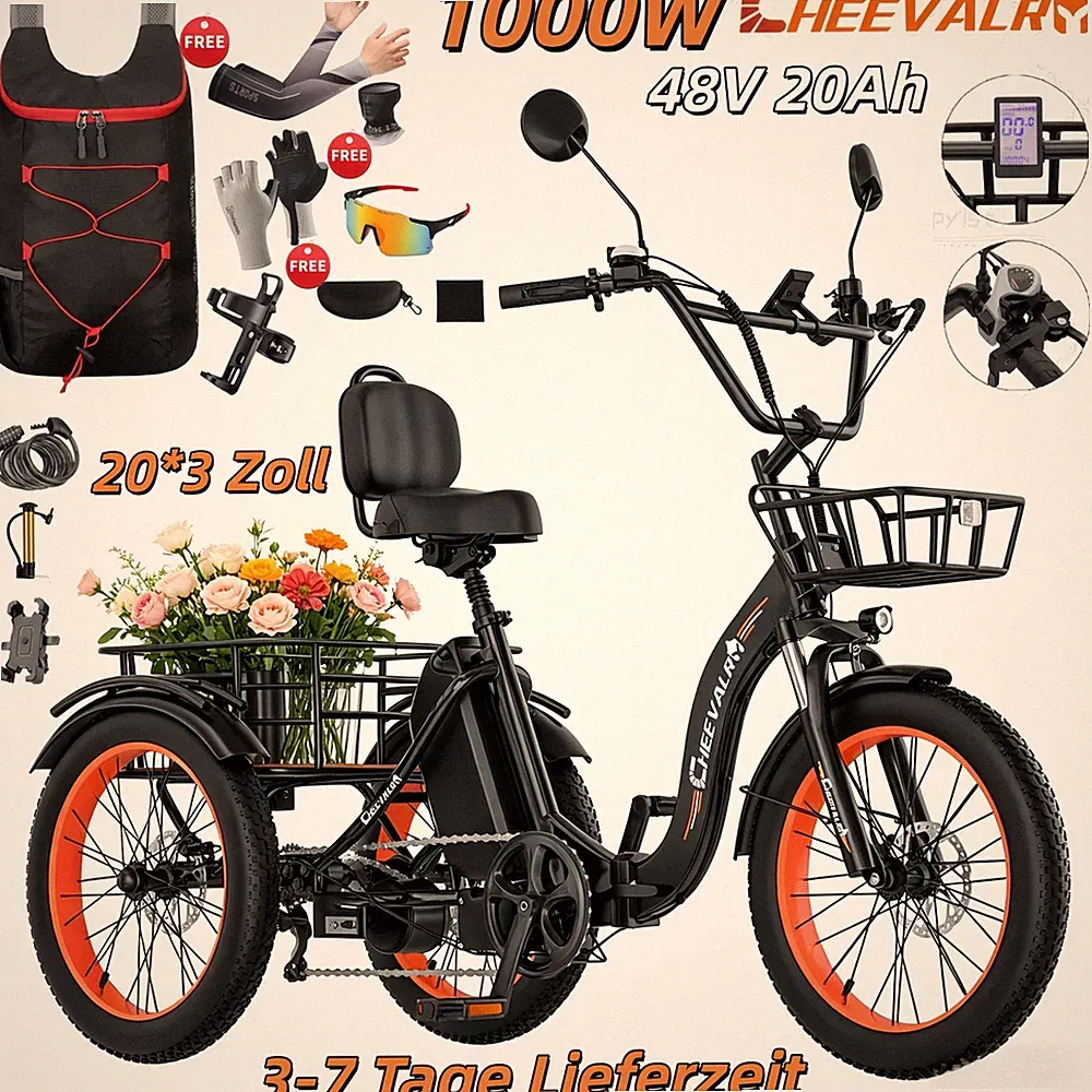 1000W E-Bike Klapprad Dreirad Elektro 3 Räder 20AH 20*3Zoll für Einkauf mit Korb