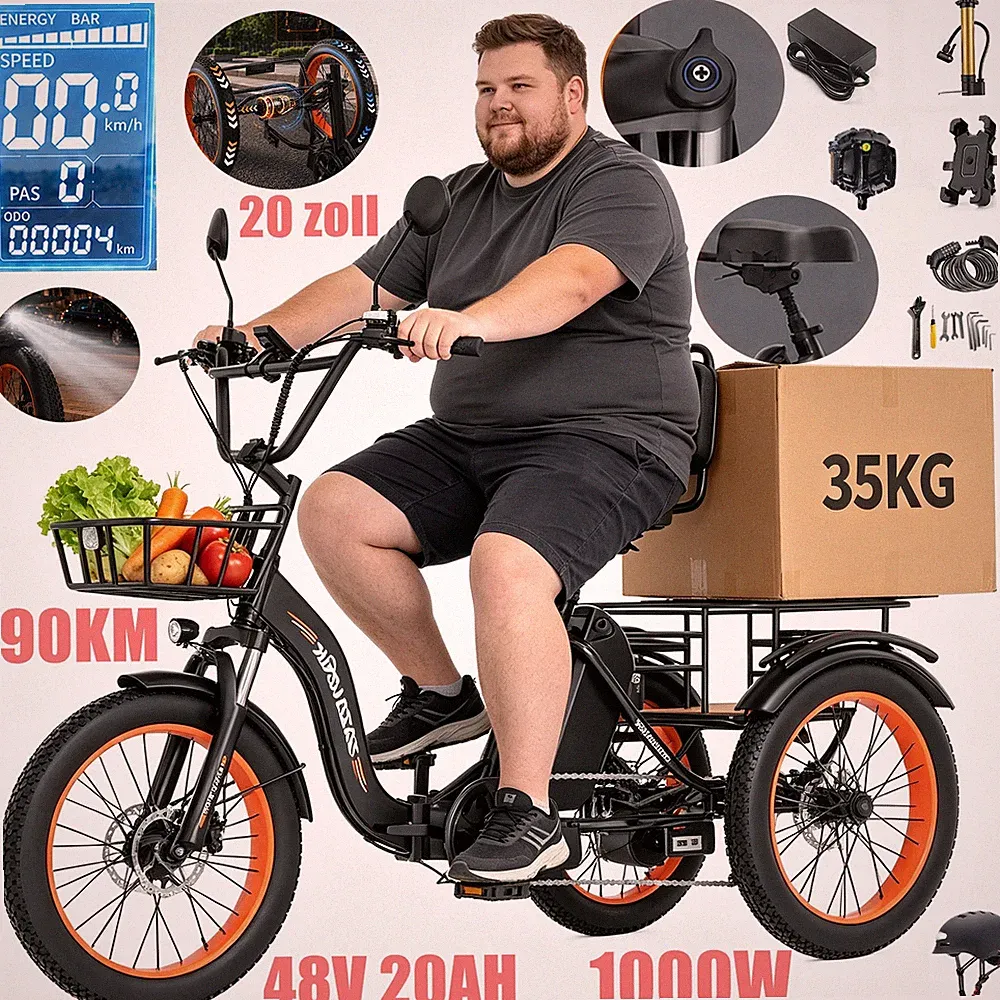1000W E-Bike Klapprad Dreirad Elektro 3 Räder 48V 20AH 20*3 Zoll mit Differentia