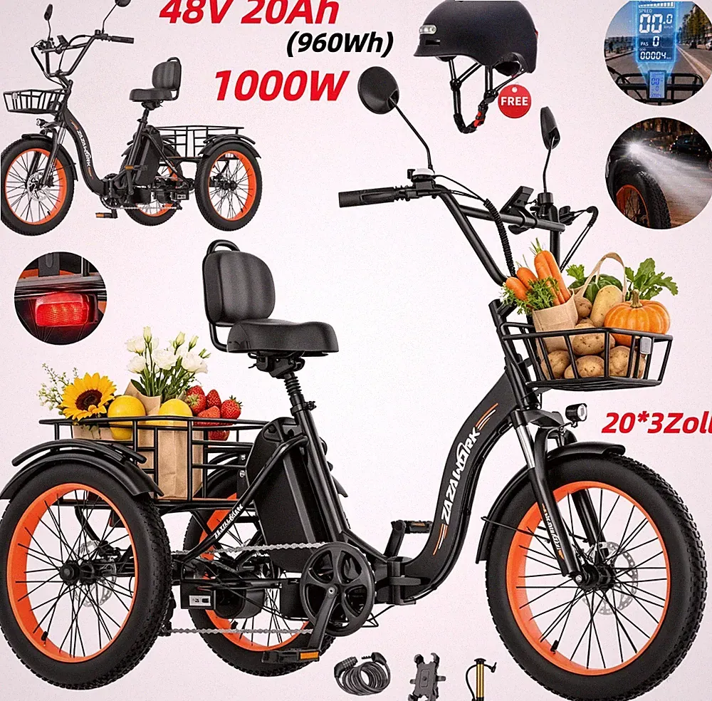 1000W Elektrisches Dreirad 20 Zoll Klappbar Lastenfahrrad 48V 20AH 3 Rad E-Bike