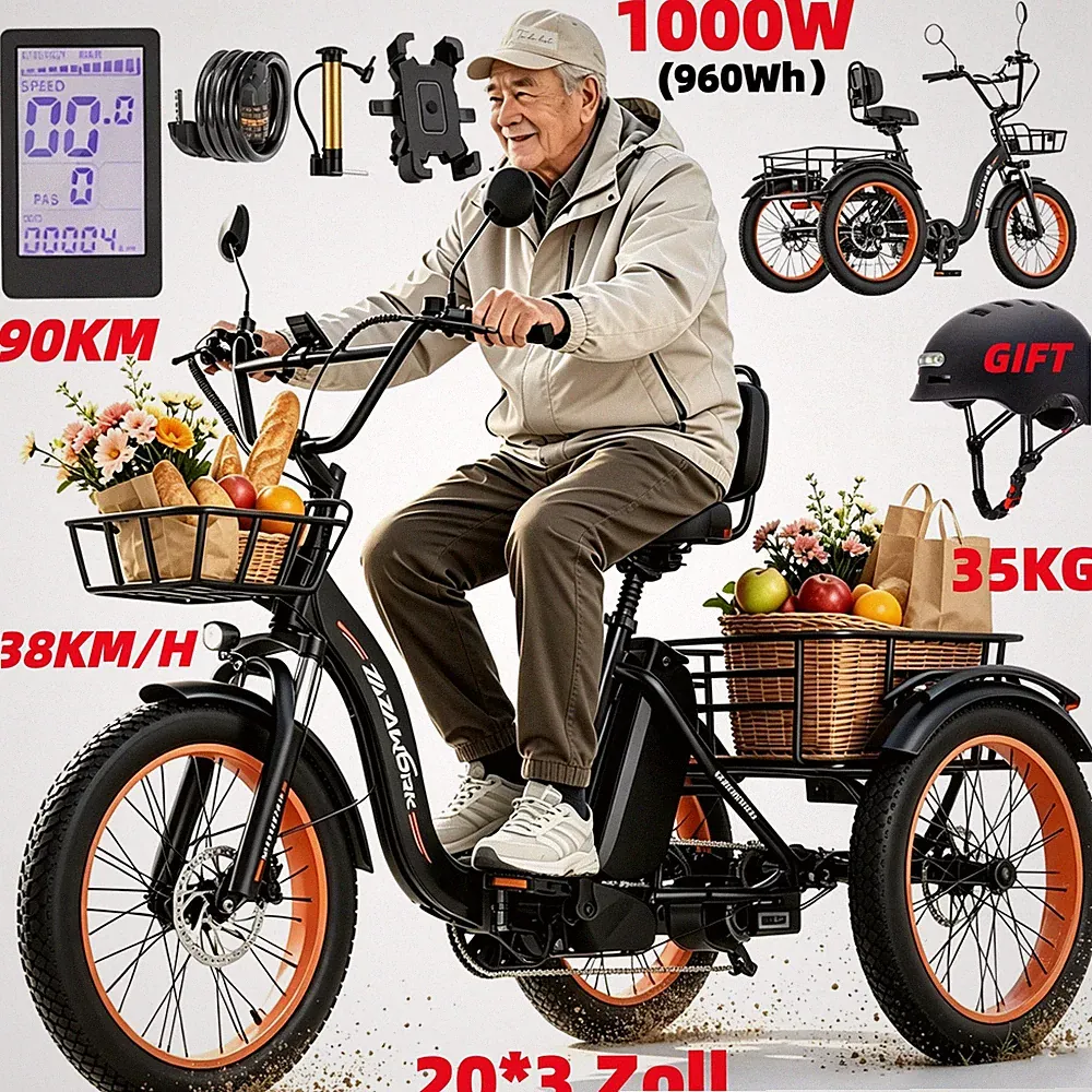 1000W Elektro Dreirad für Senioren 48V 20Ah Klapprad 3 Räder E-Bike Korb 38KM/H