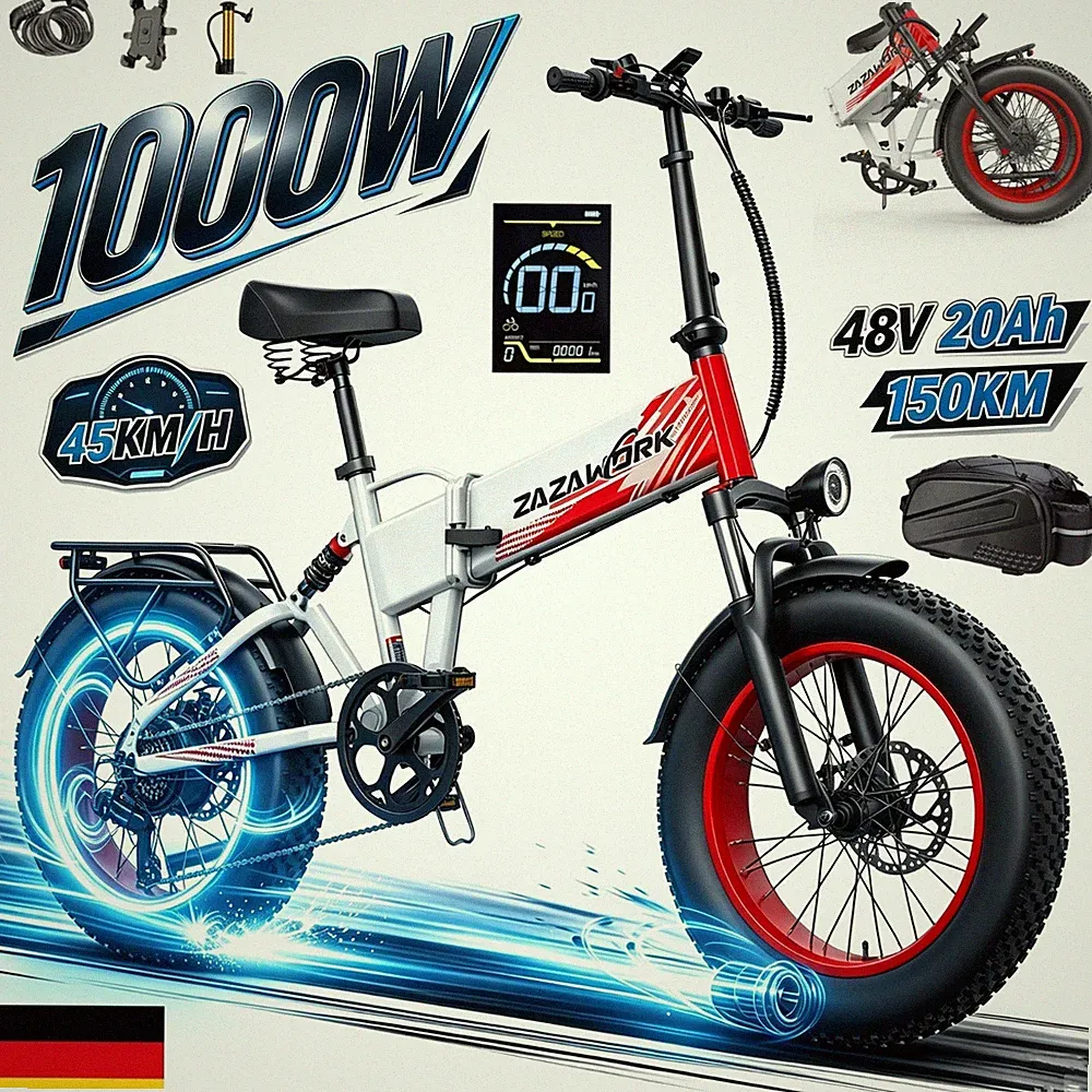 1000W Klapprad E-Bike 20 Zoll E-Mountainbike 48V 20Ah Elektrofahrrad Fatbike Neu