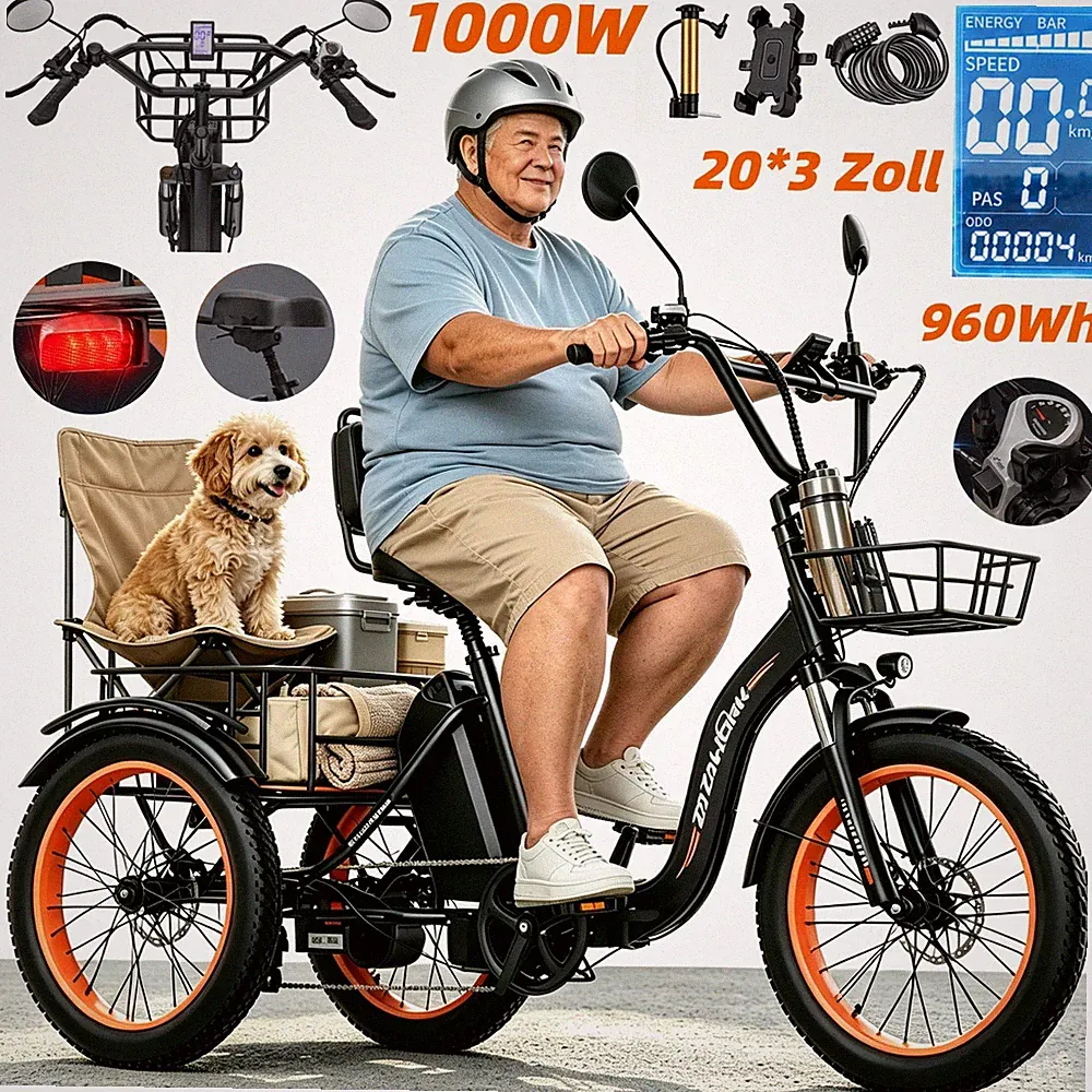 1000W Klapprad Elektro Dreirad 48V20AH 20Zoll 3 Räder Cargo E-Bike mit Korb 64Nm