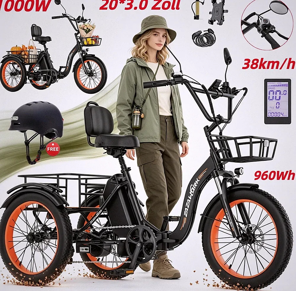 20*3 Zoll E-Bike Klapprad Dreirad Elektro 3 Räder 48V 20AH für Einkauf mit Korb