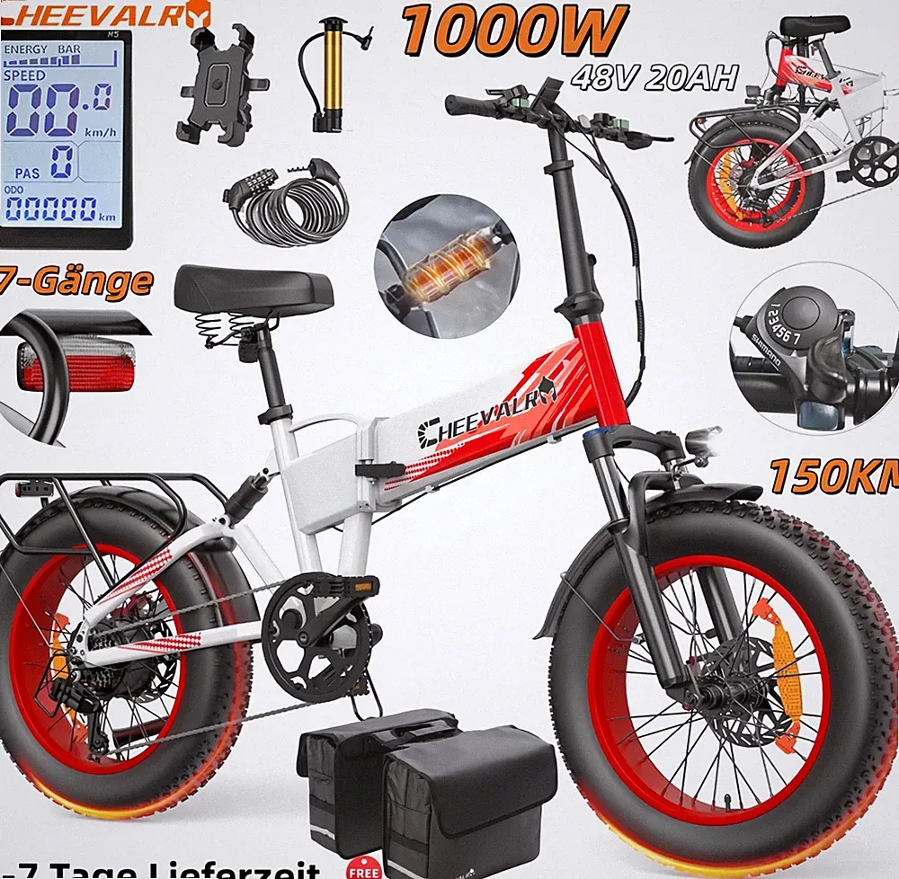 20'' Elektrofahrrad 1000W Klapprad E-Mountainbike 48V 20Ah Off-road E-Bike 150KM