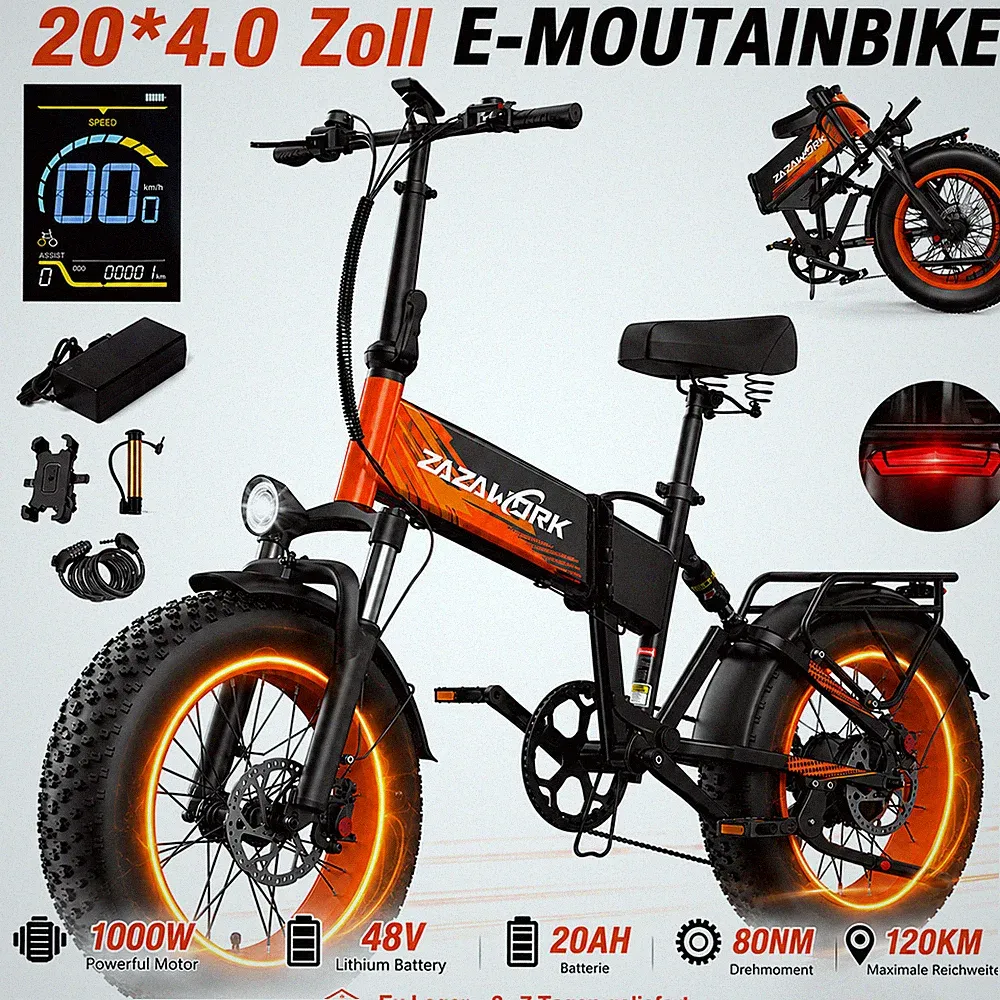 20 ZOLL 1000W 48V 20AH Elektrofahrrad 50KM/H E-MOUTAINBIKE Klapprad E-BIKE 120KM