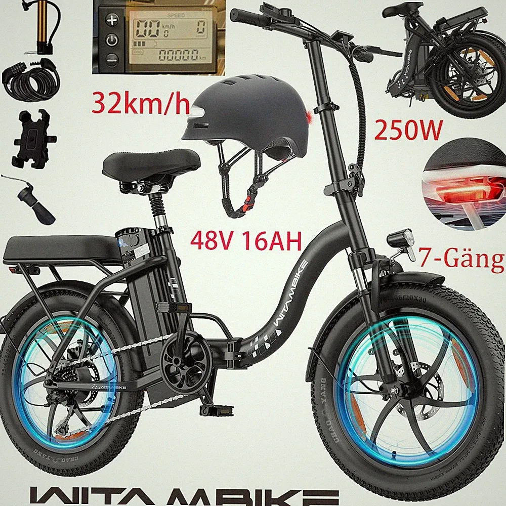 20 Zoll E-Bike 250W 48V 16AH Klapprad Elektrofahrrad 7-Gang Pedelec E-Citybike
