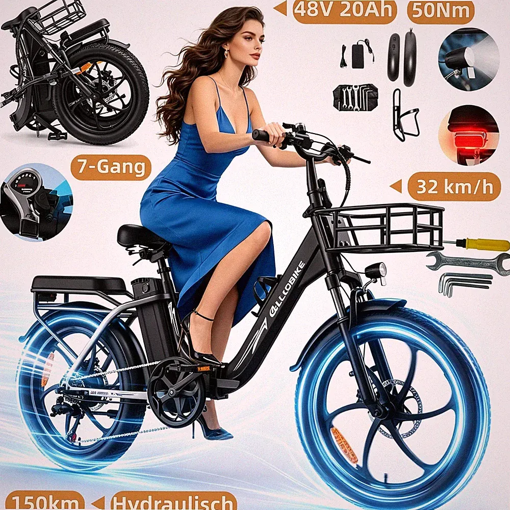 20 Zoll Elektrofahrrad 48V 20Ah 150 km Klappbar E-Bike Shimano 7-Gang 32 km/h
