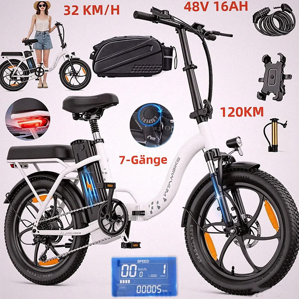 20 Zoll Elektrofahrrad Klapprad E-Bike 48V16AH Fatbike Pedelec E-Citybike 32KM/H