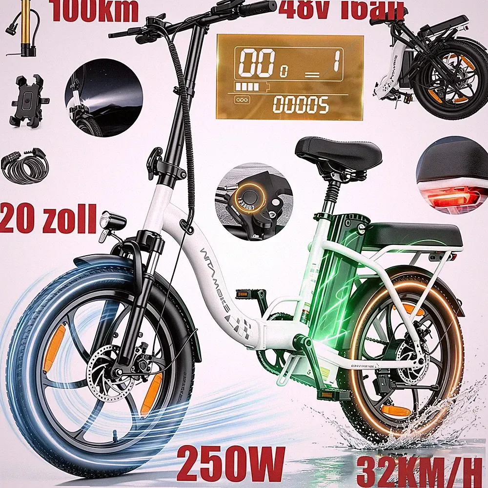 20 Zoll Klapprad E-Bike 250W 48V16Ah Fatbike Elektrofahrrad Pedelec 100km 35km/h