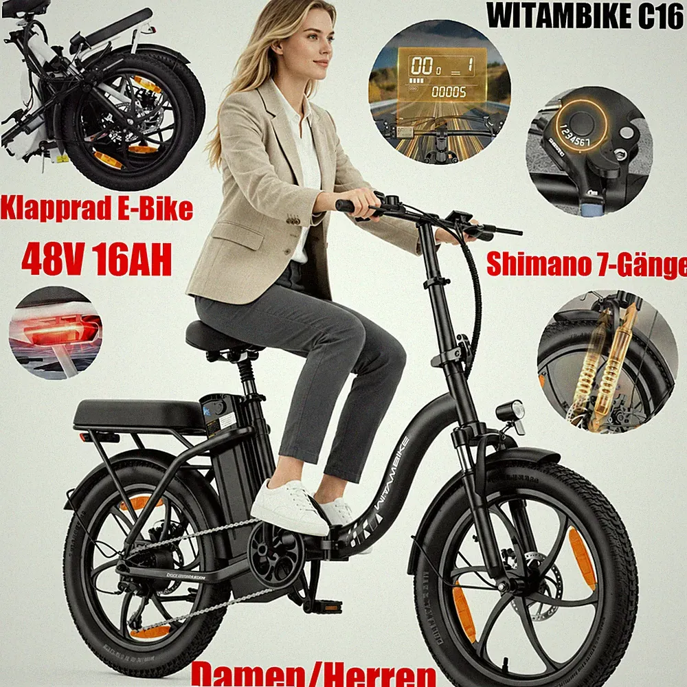 20 Zoll Klapprad E-Bike 48V 16AH Shimano 7-Gänge Pedelec Fatbike 100KM 32KM/h