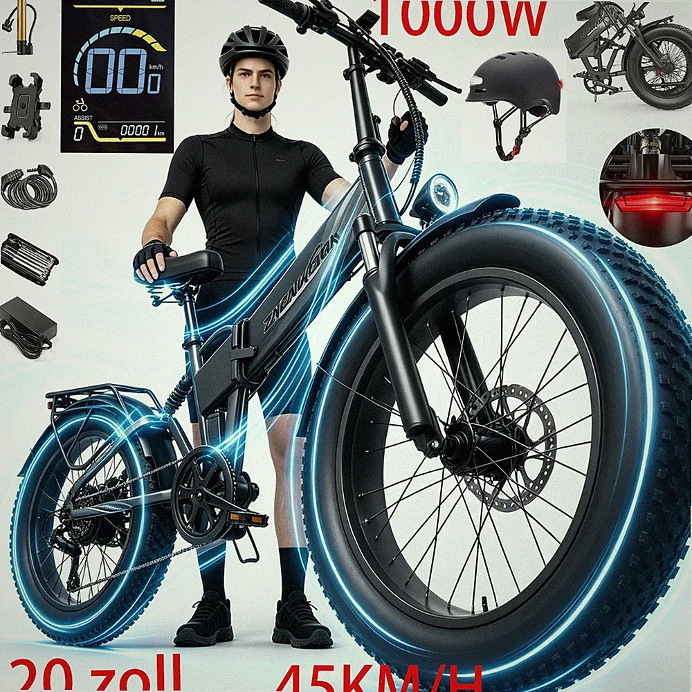 20Zoll E-Mountainbike 1000W 48V 45KM/H City Elektrofahrrad Klapprad E-Bike 120KM