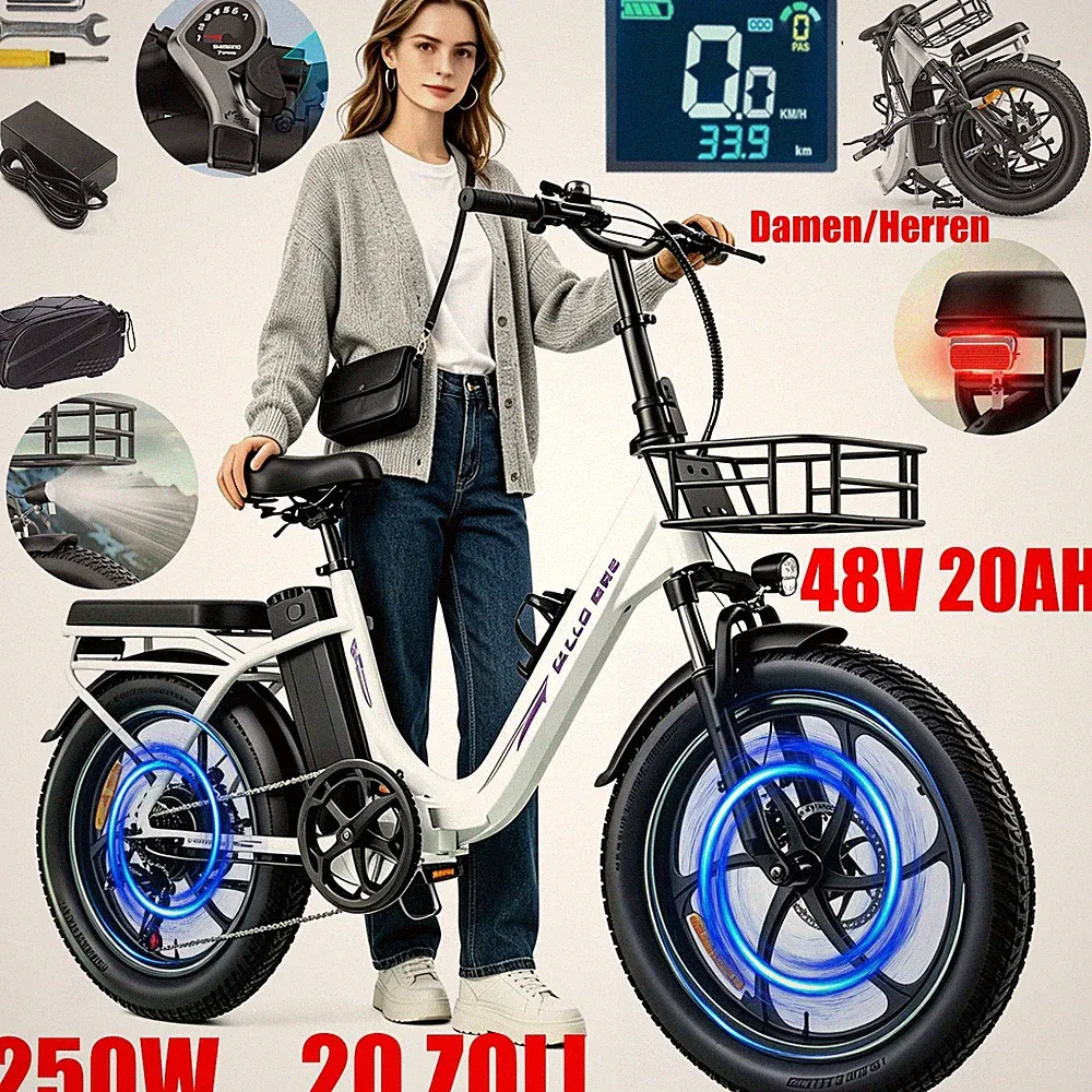 250W 20Zoll Elektrofahrrad Klapprad 48V20Ah 50NM Damen E-Bike 7 Gang City E-Bike