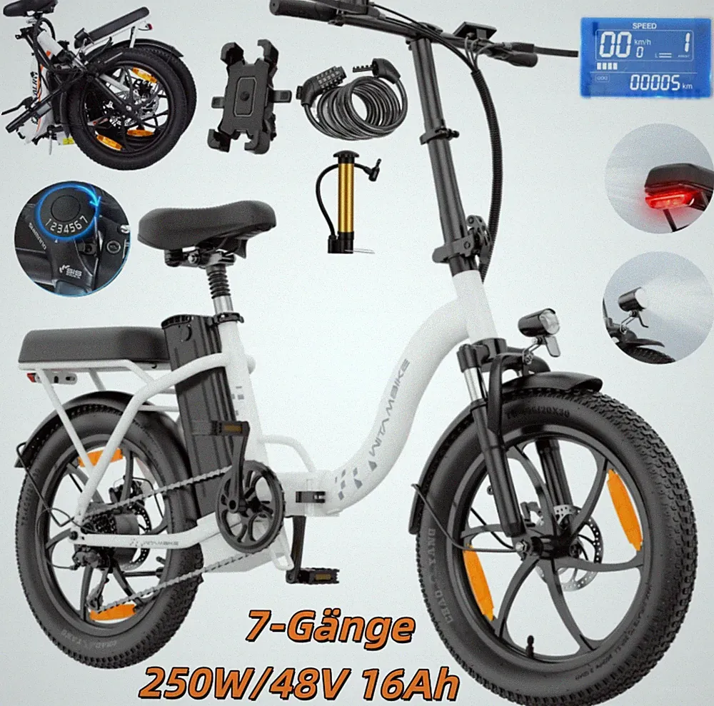 250W Elektrofahrrad 48V 16AH Klapprad Fat Bike 20 Zoll Pedelec City E-Bike 100KM