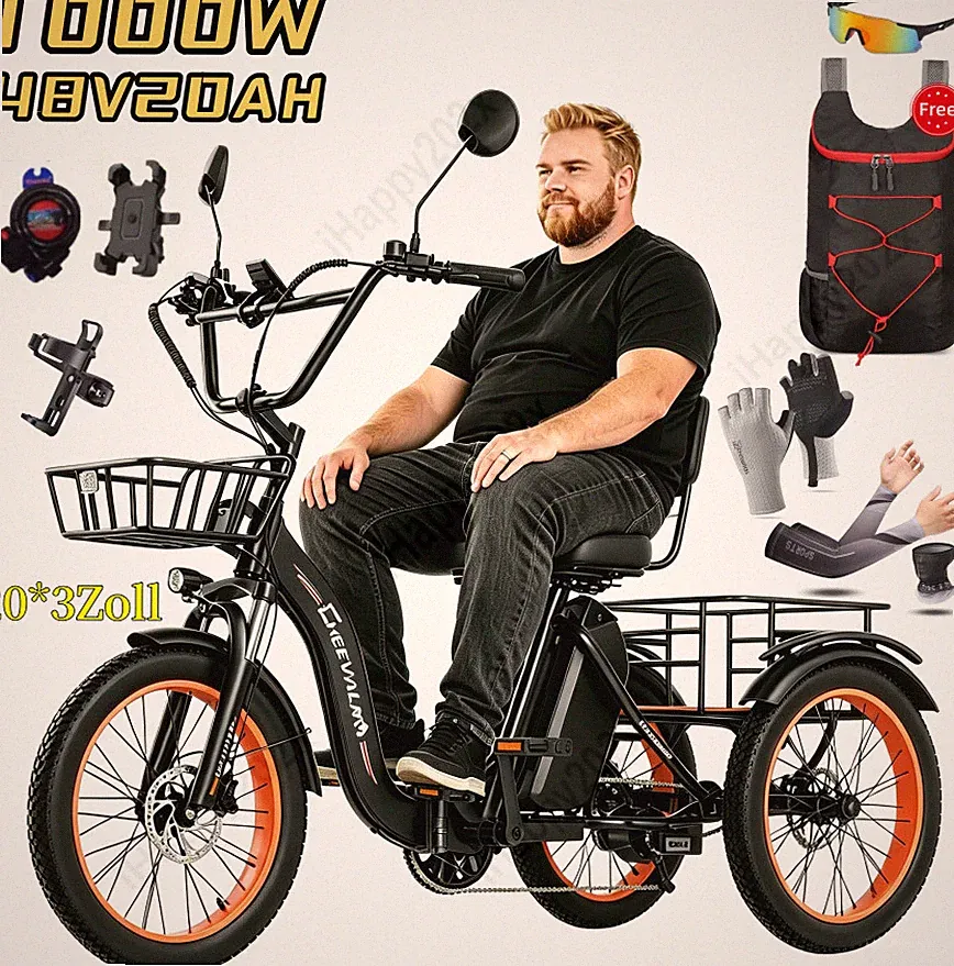 750W E-Bike Klapprad Dreirad Elektro 3 Räder 20AH 20*3 Zoll für Einkauf mit Korb