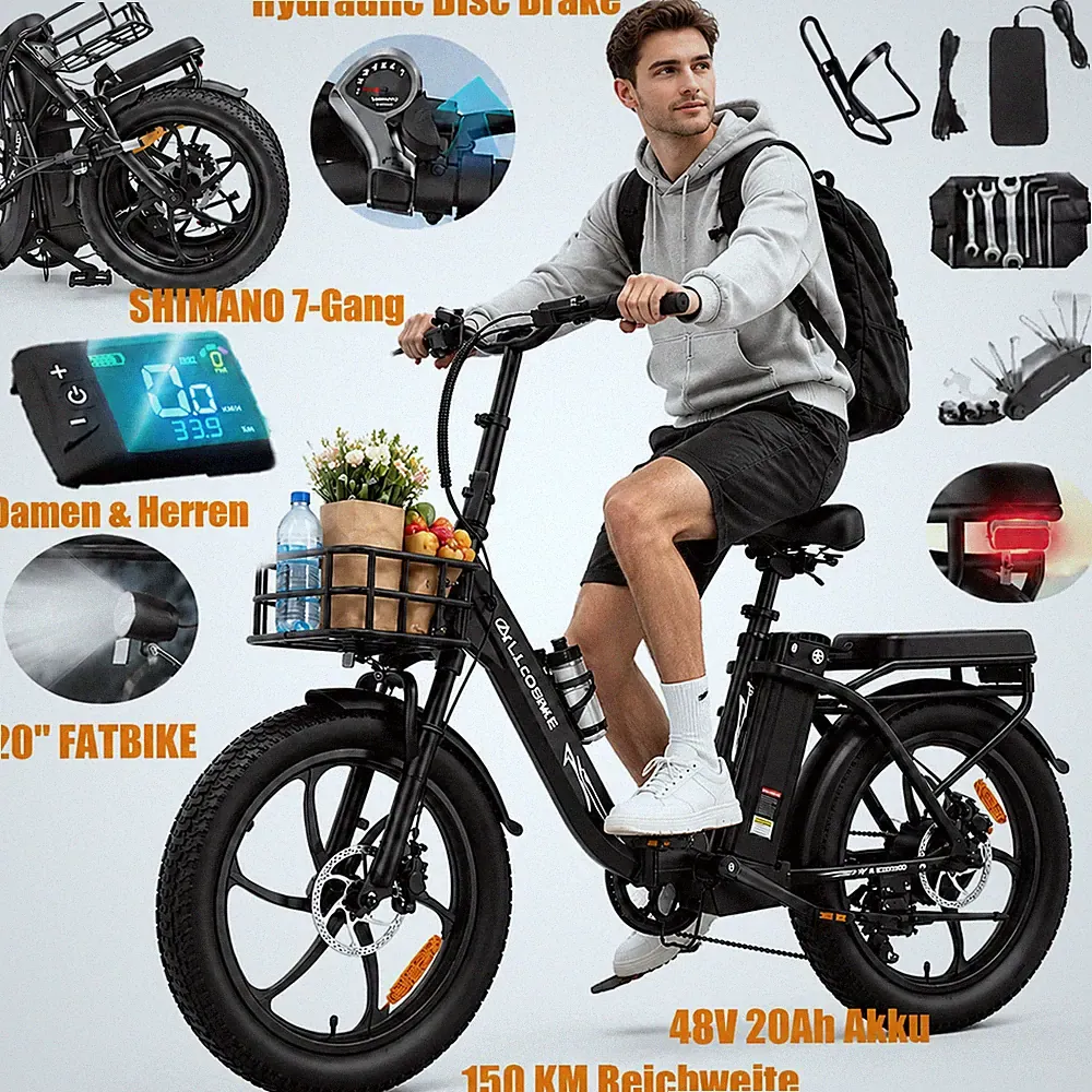 ALLGOBIKE AC20 20 Zoll Klapprad E-Bike Damen Herren 48V20Ah Fatbike 150KM 7-Gang