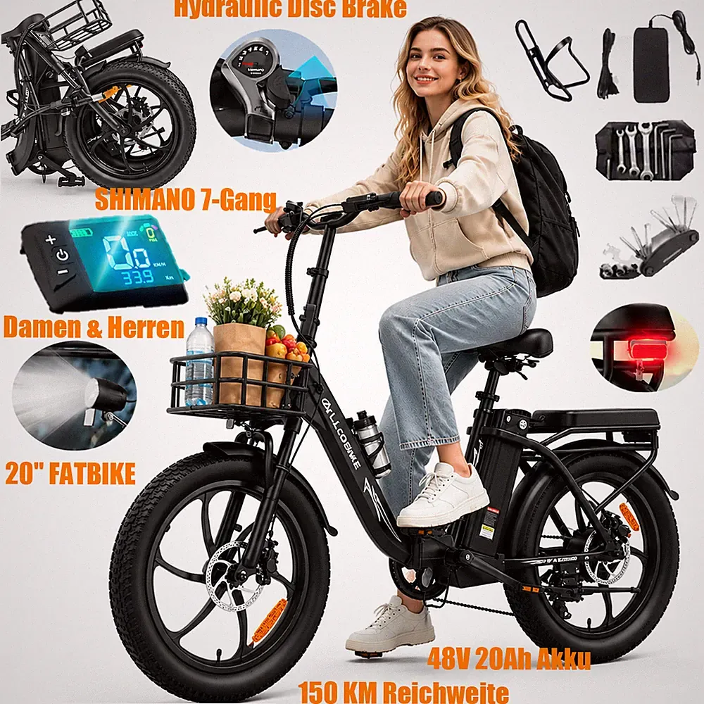 ALLGOBIKE AC20 20Zoll Klapprad E-Bike Damen Herren 48V20Ah Fatbike Shimano 150KM