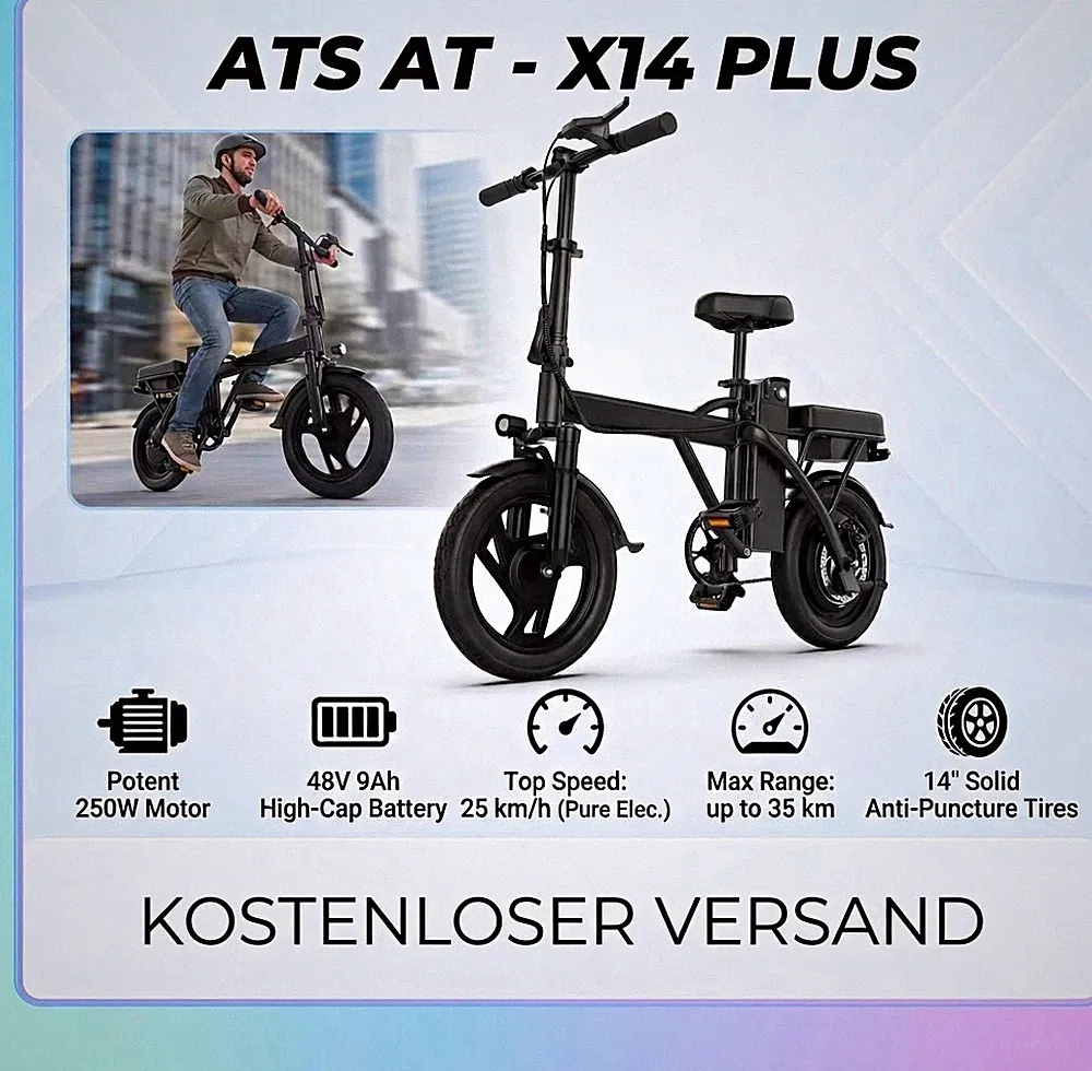 ATS AT-X14 Plus Elektro Klapprad E-Bike 250W 48V 9Ah 14" Klappfahrrad Damen Herr