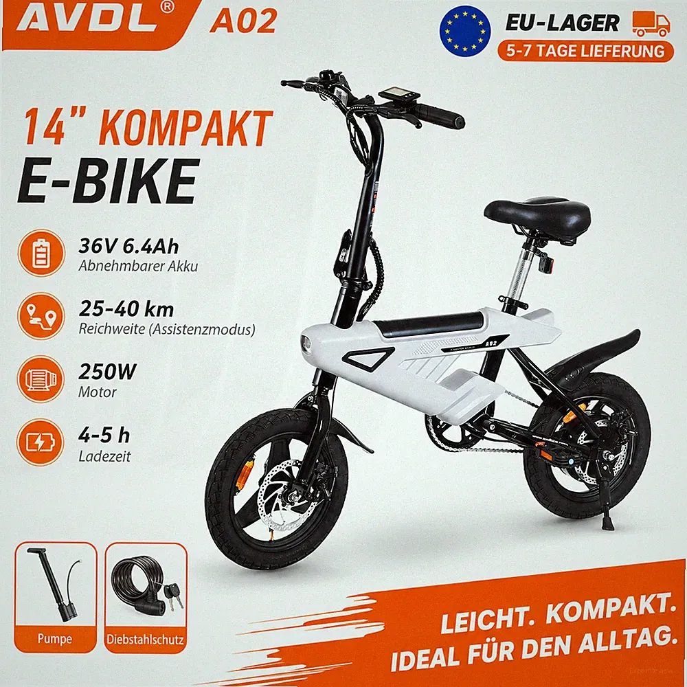 AVDL A02 Klapp-E-Bike 14 Zoll 250W 25km/h 36V 6,4Ah Akku LCD Scheibenbremse City