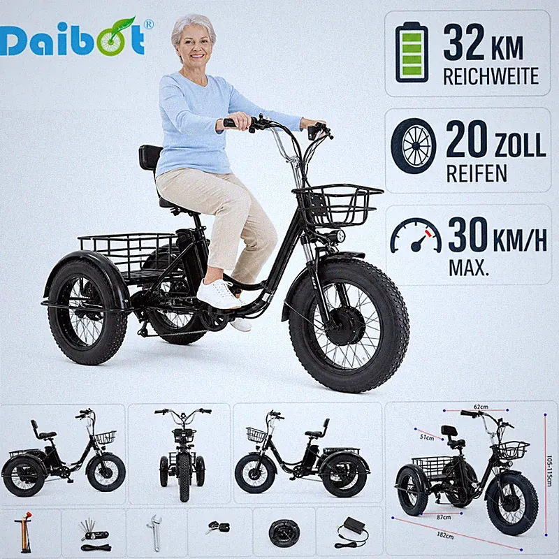 Daibot 3-Rad E-Bike 20Zoll klappbar – 500W Fat-Tire für Alltag und Freizeit