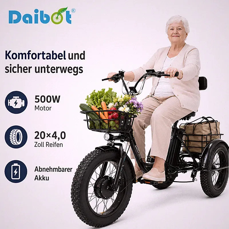 Daibot Faltbares 3-Rad E-Bike 20 Zoll 500W E-Trike mit dicken Reifen klappbar