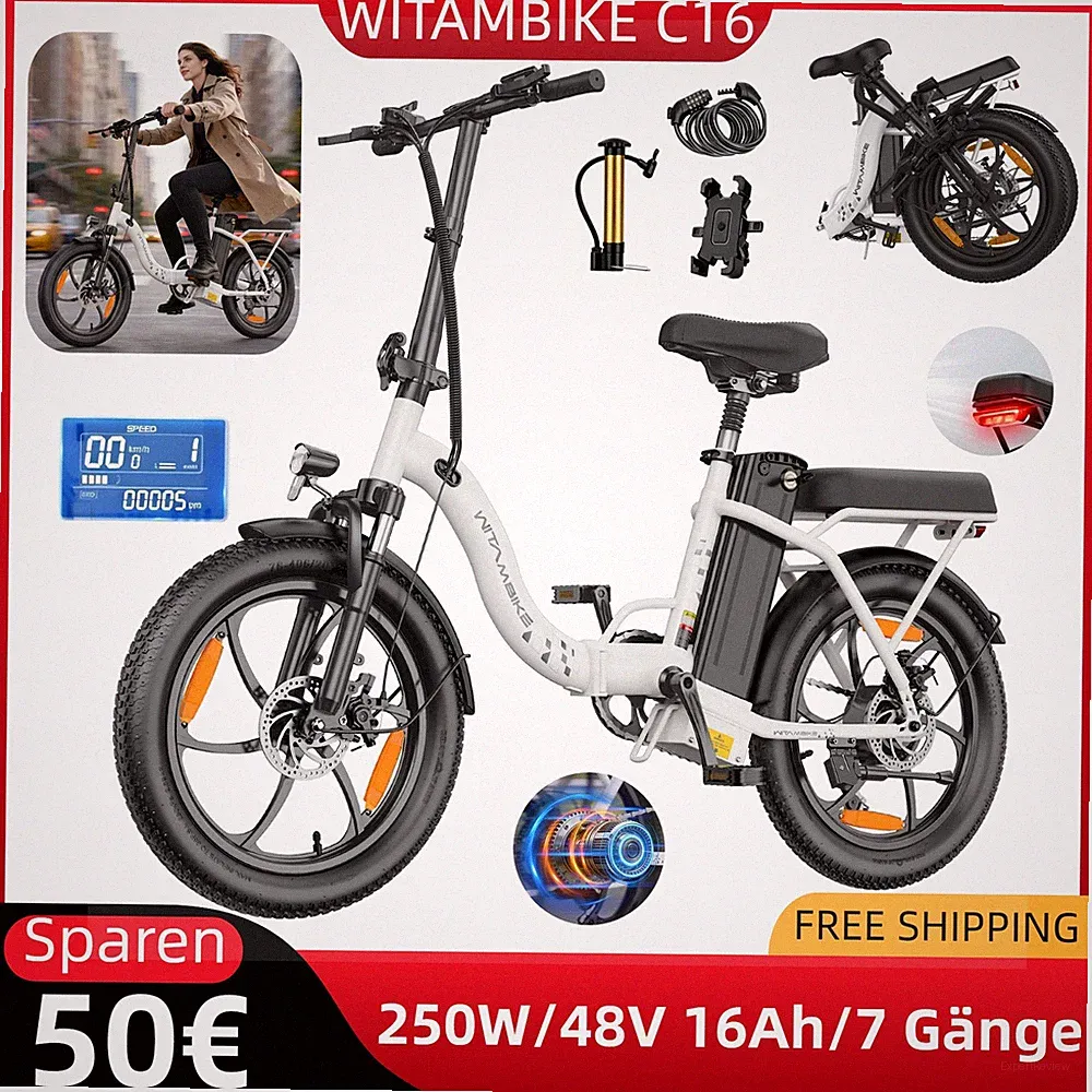 e Bike 20 Zoll Klapprad Elektrofahrrad 16Ah Shimano 7-Gang Pedelec 250W Citybike