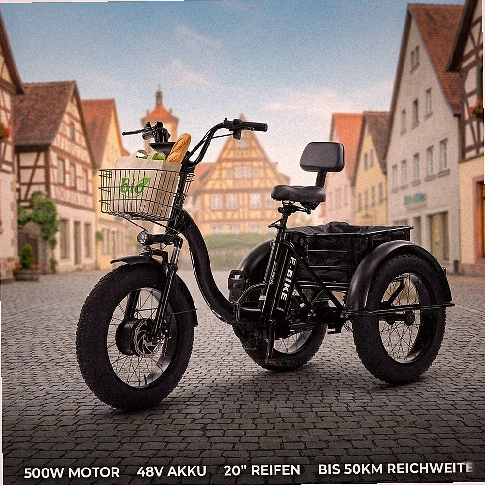 E-Bike Dreirad Klappbar 500W 48V 25km/h 50km Reichweite 20 Zoll mit Korb /Lasten