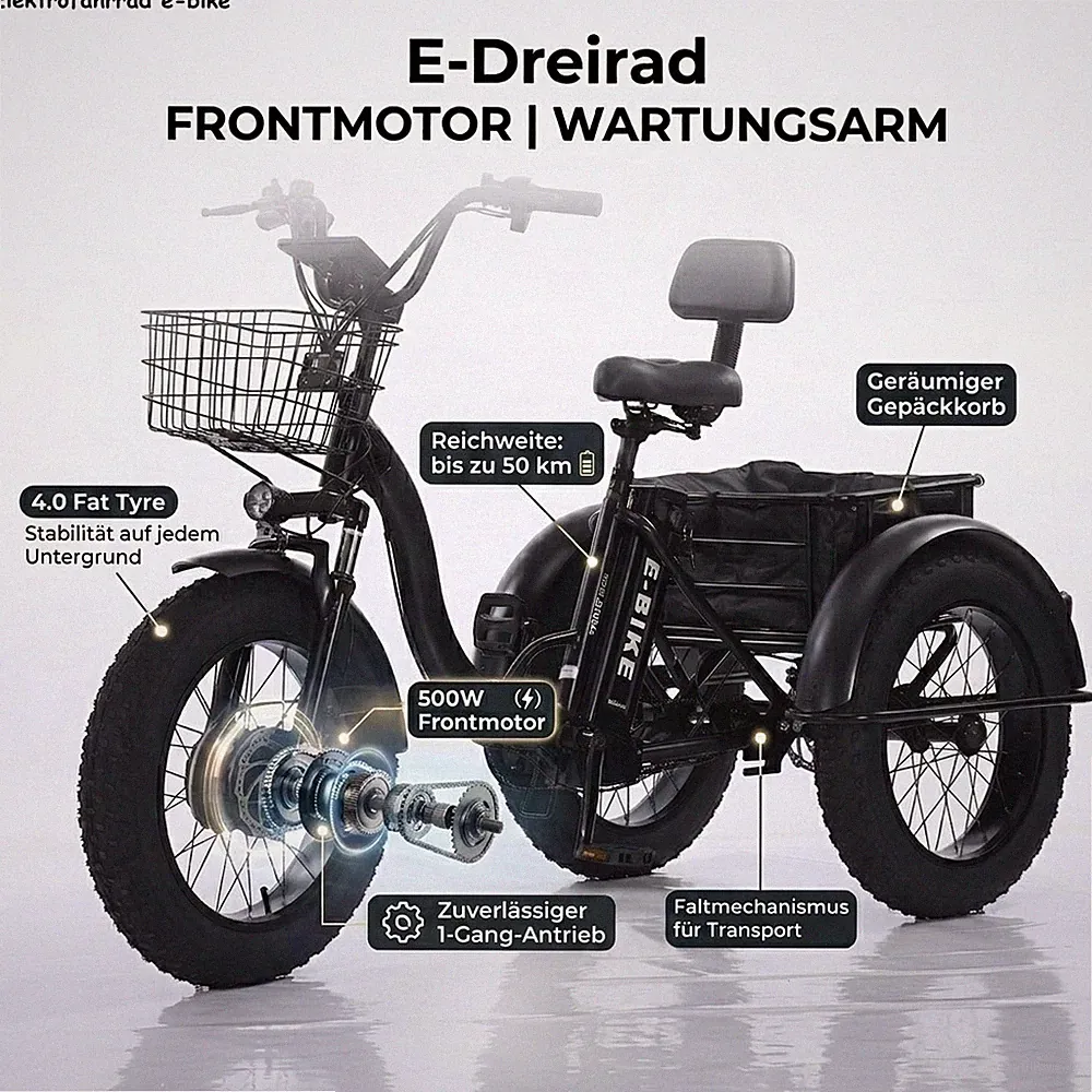 E-Dreirad Frontmotor Klappbar 3-Rad Elektrofahrrad E-Bike 48V 20 Zoll