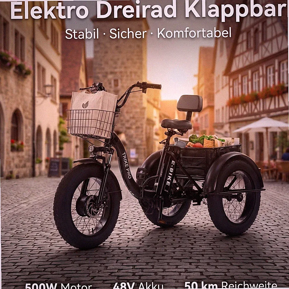 Elektro Dreirad Klappbar 500W E-Bike 48V 12Ah Fat Tire LCD-Display Licht 25km/h