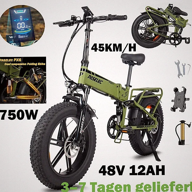 Elektrofahrrad Herren/Damen 750W 48V12Ah E-Bike 20 Zoll Klapprad 7 Gänge 45km/h