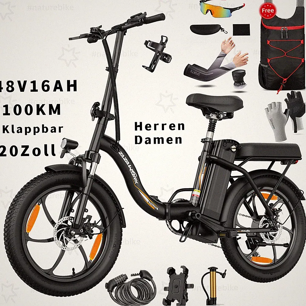 Elektrofahrrad Klapprad 20 Zoll E-Bike 250W 48V16AH Pedelec Fat E-Citybike 100KM