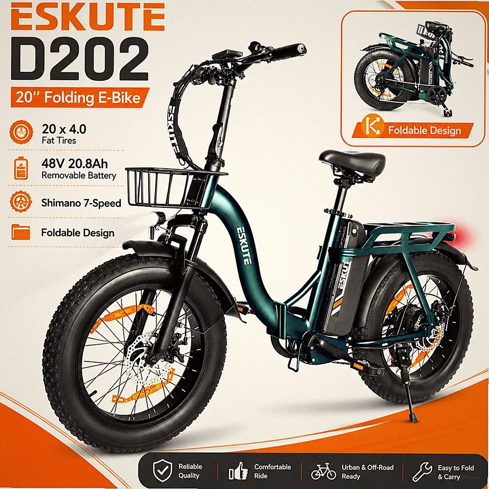 ESKUTE Klapp E-Bike 20x4.0 Zoll Fatbike 48V Akku Scheibenbremse mit Frontkorb