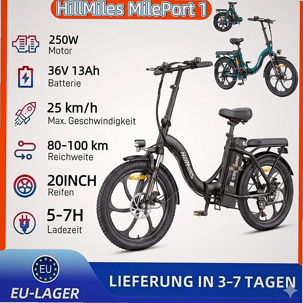 HillMiles E-Bike 20 Zoll Klapprad 36V 13Ah Faltrad Fatbike Elektrofahrrad 100km