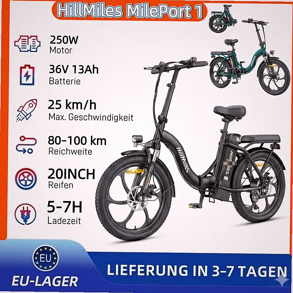 HillMiles E-Bike 20 Zoll Klapprad 36V 13Ah Faltrad Fatbike Elektrofahrrad 100km