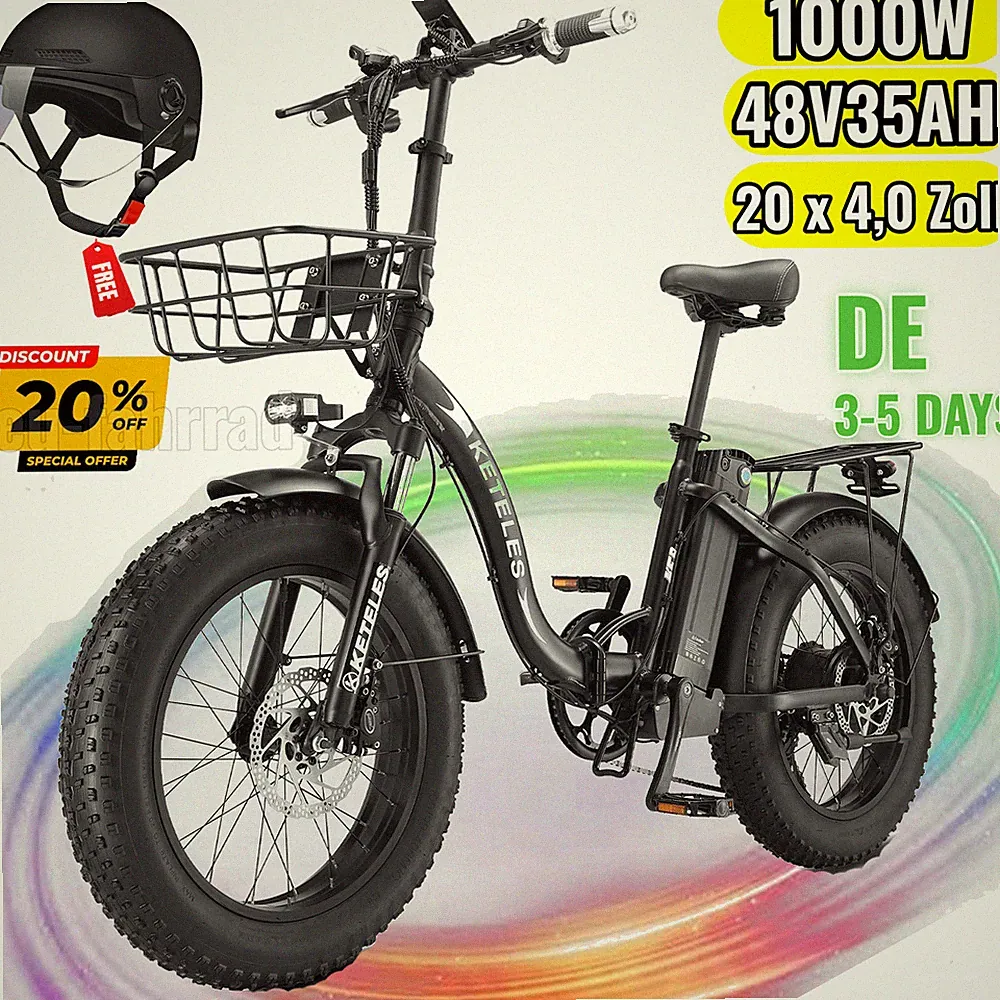 KETELES KF9 1000W Elektrofahrrad 48V 35AH Klapprad E-bike Fatbares 45km/h 20Zoll