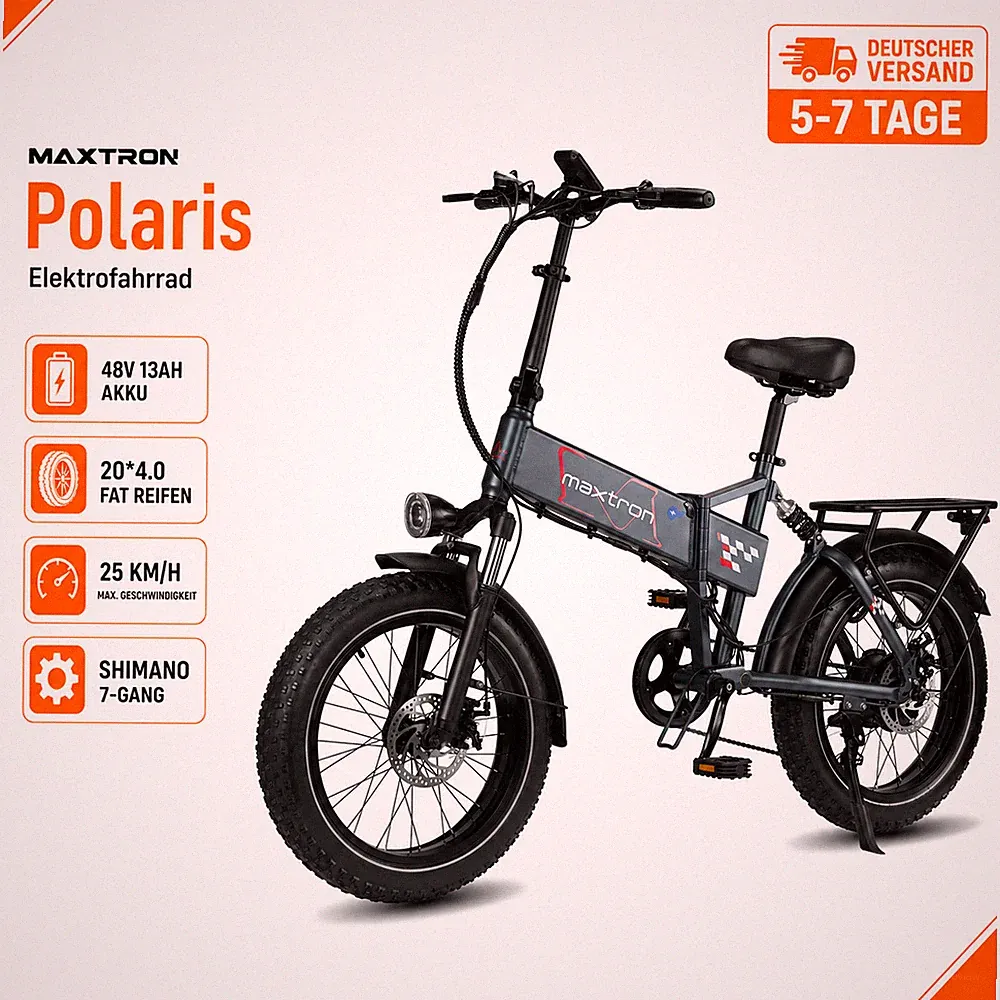 MAXTRONPolaris E-Bike Klapprad 20Zoll Fatbike 48V13Ah Vollfederung Shimano 45km