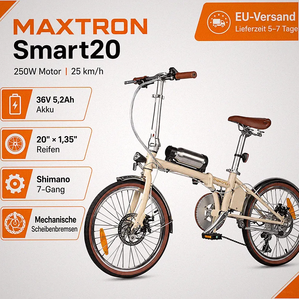 MAXTURN Smart20 E-Bike Faltrad 20Zoll 250W 25km/h Shimano7 Drehmoment Klapprad