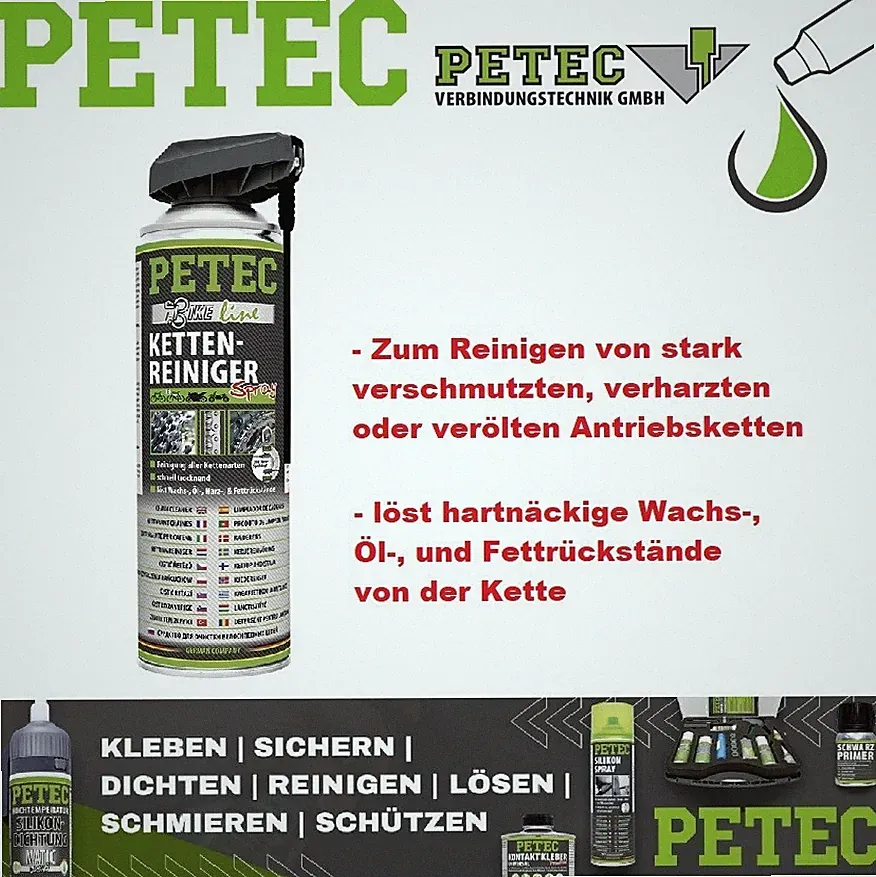 PETEC KETTENREINIGER SPRAY für E Fahrrad Quad Motorradketten 500 ML Harz Öl Fett