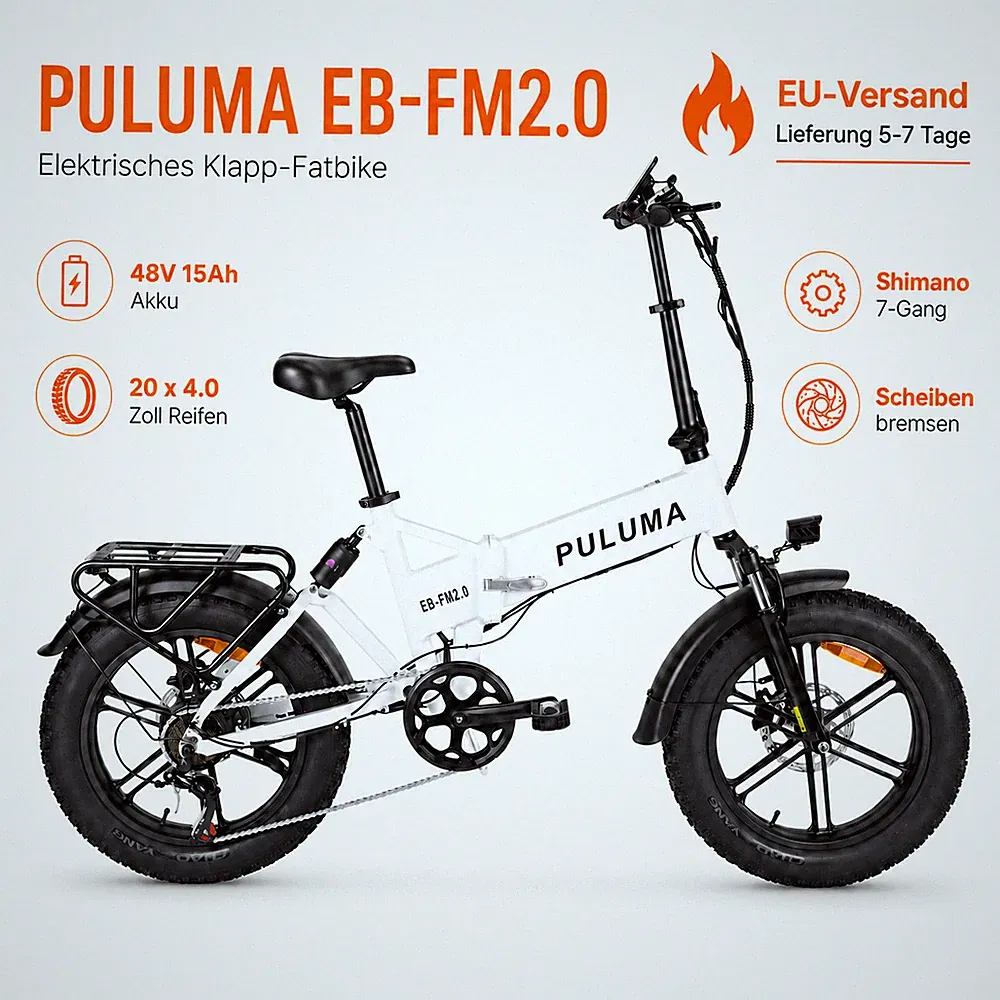 PULUMA E-Bike 20 Zoll Fatbike Klapprad 48V 15Ah 7-Gang Doppelte Stoßdämpfung