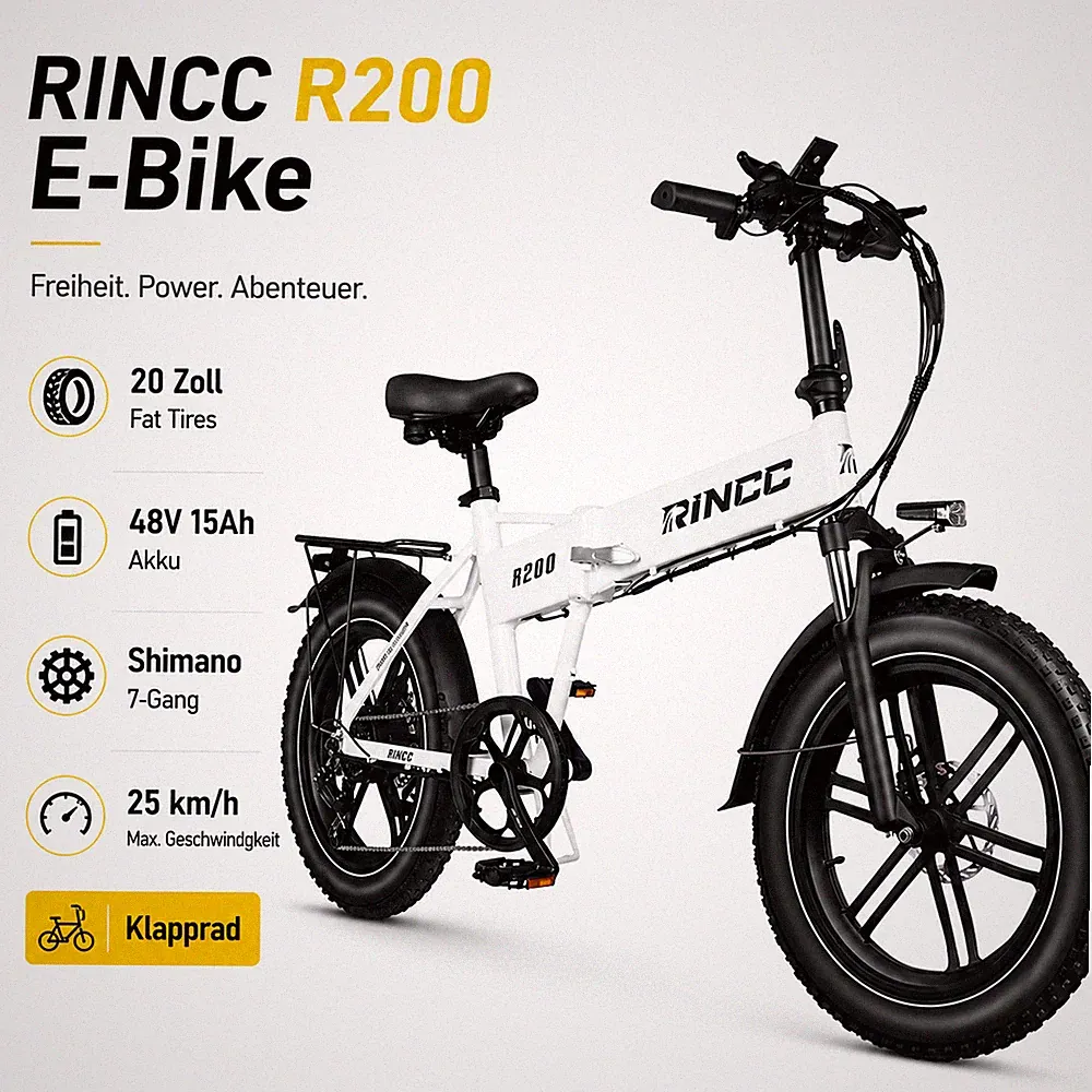 RINCC R200 E-Bike Klapprad Fatbike 20 Zoll 48V 15Ah Shimano 7 Gang LCD Weiß Bike