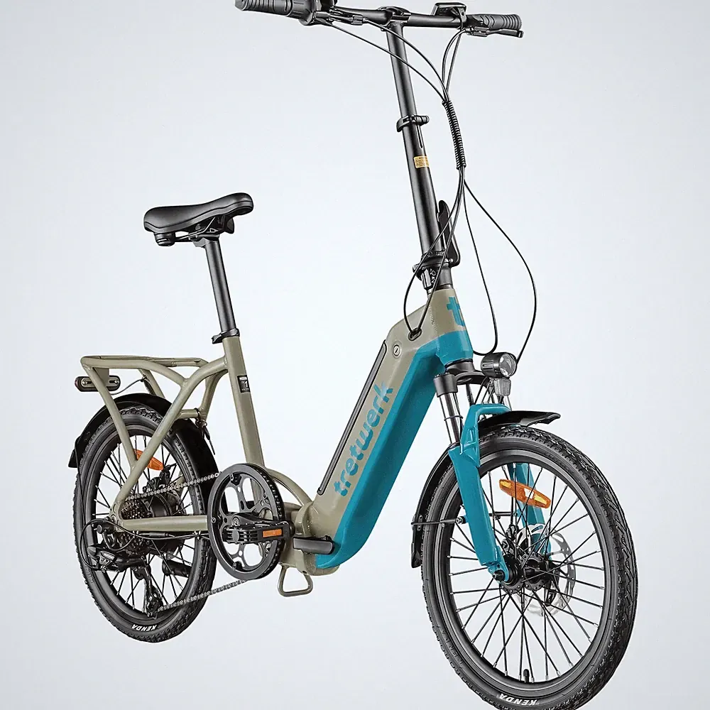 Tretwerk Camper 20 Zoll E-Bike Klapprad Faltrad 7 Gang Pedelec beige/türkis 43cm