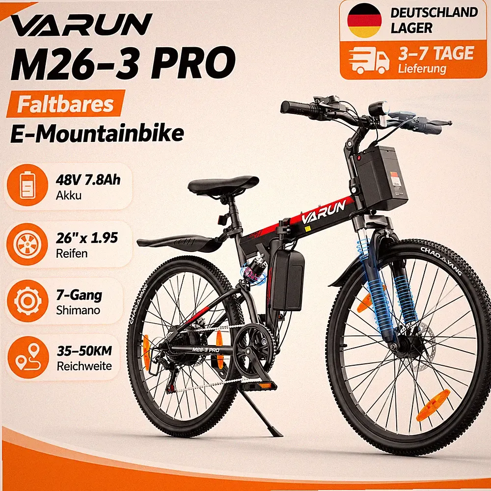 VARUN M26-3 PRO E-MTB Klapprad 26Zoll Vollfederung 7-Gang Scheibenbremsen 48V8Ah