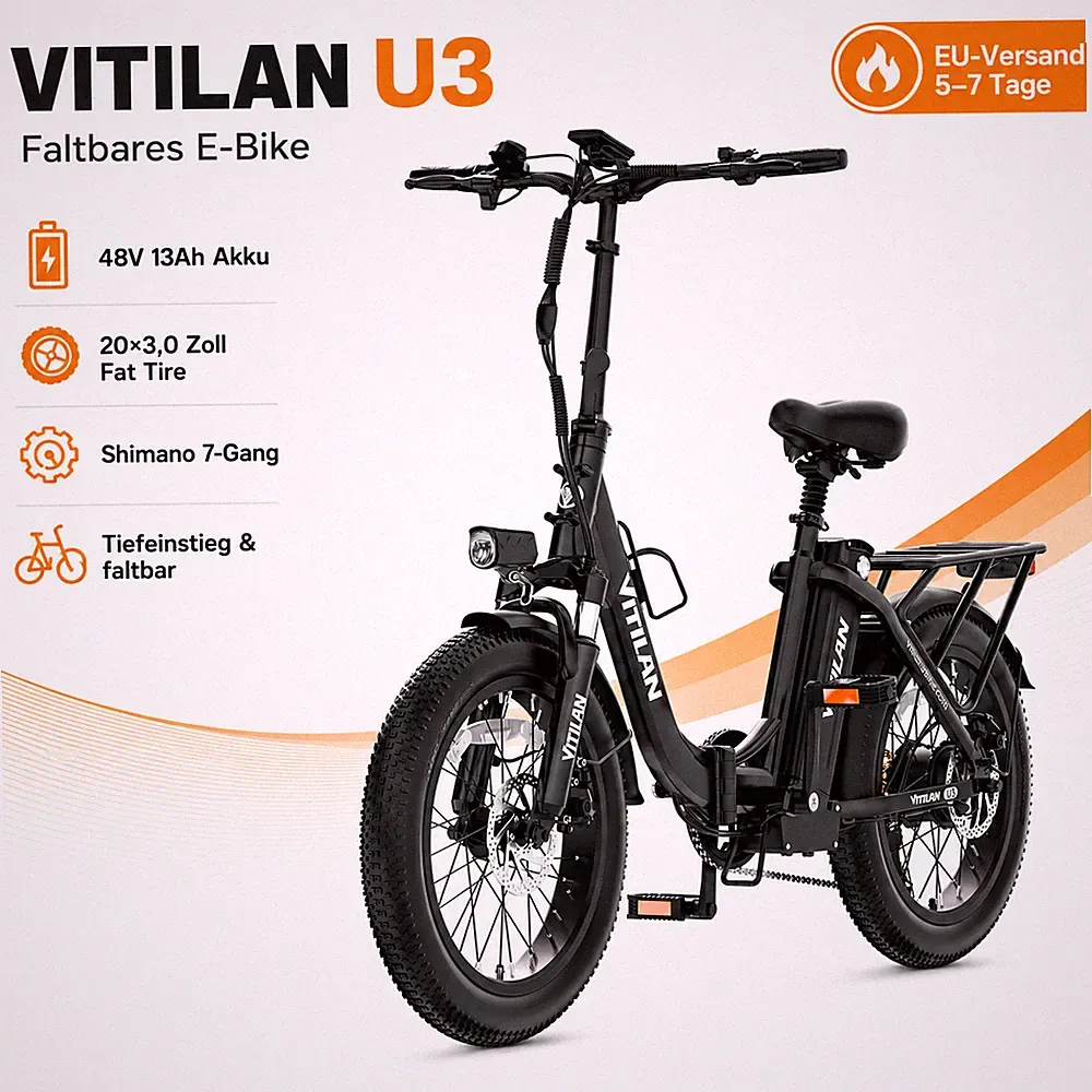 VITILAN U3 E-Bike Klapprad 20x3,0 Zoll Fat Tire Tiefeinstieg LCD 7 Gang 48V 13AH