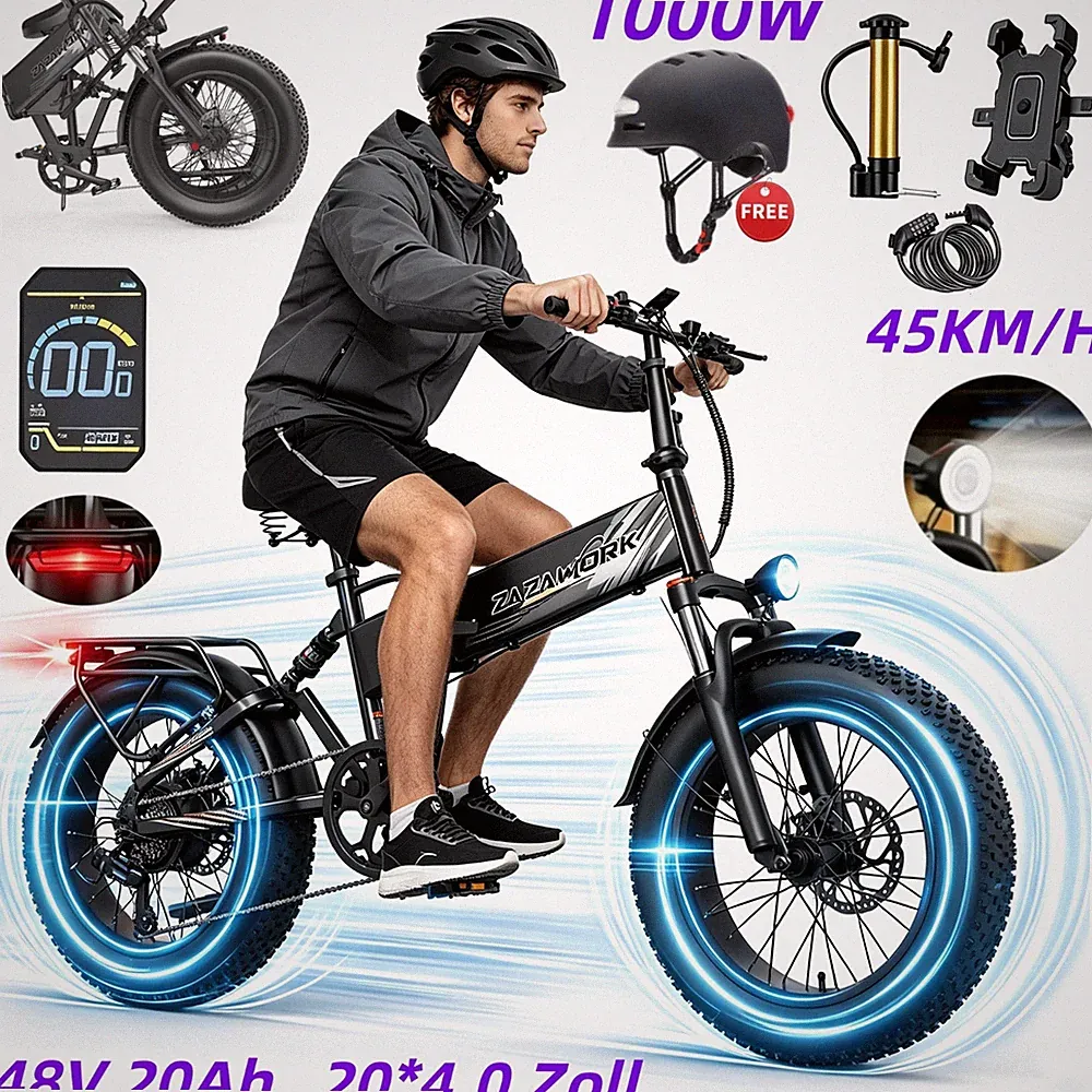 ZAZAWORK 1000W E-Mountainbike 20 Zoll Klapprad Elektrofahrrad 960Wh E-MTB 45KM/H