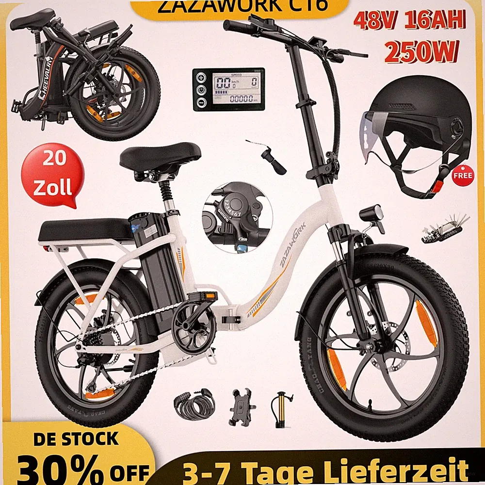 ZAZAWORK C16 Elektrofahrrad 20 Zoll Klappbar E-Bike 48V 16AH E-Citybike 100KM DE