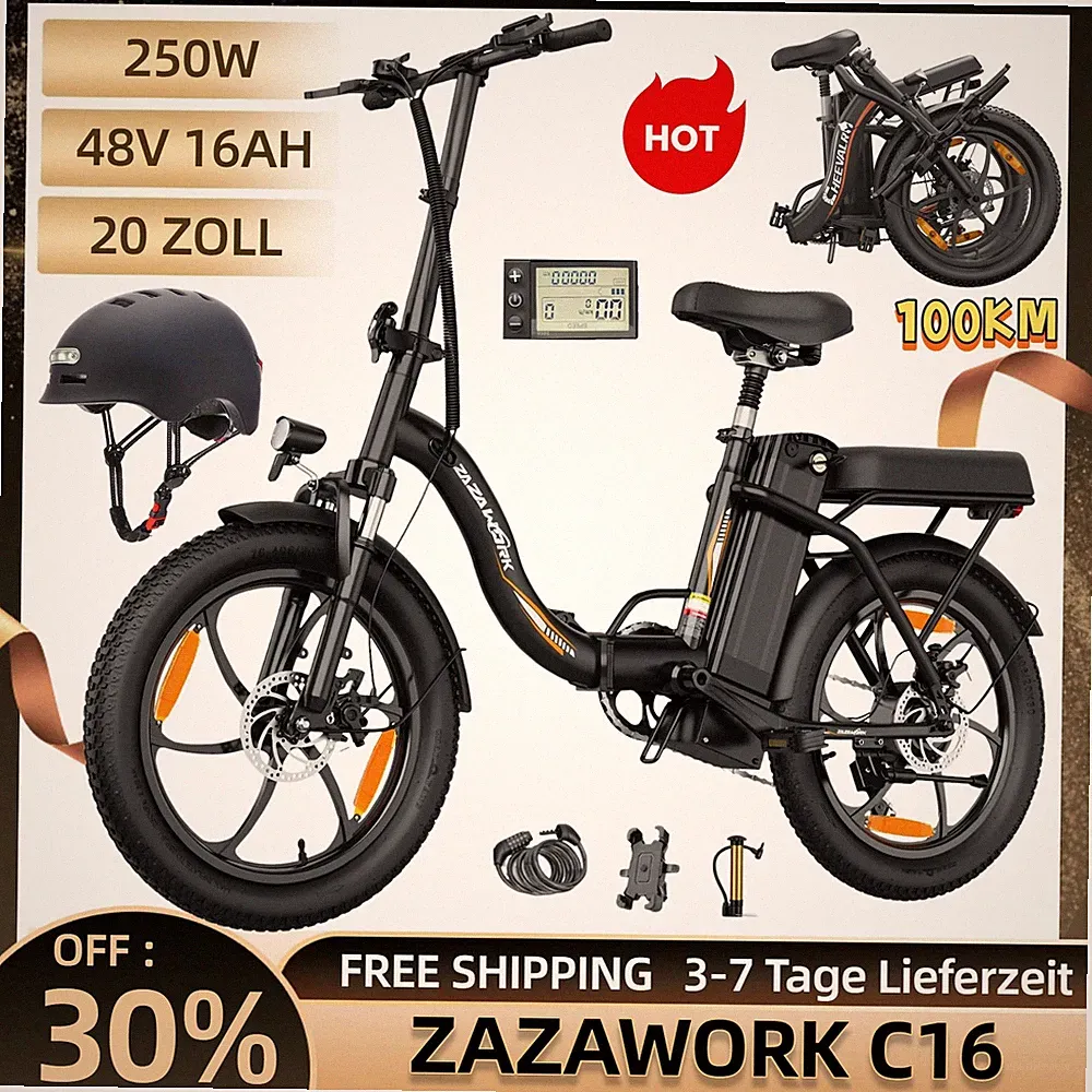 ZAZAWORK Elektrofahrrad 20 Zoll Klappbar E-Bike 250W 48V16AH E-Citybike 100KM EU