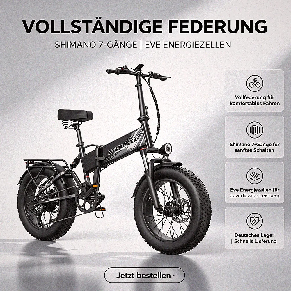ZAZAWORK Shimano7-Gang Klappbar 48V 20Ah Akku E‑MTB E‑Bike 1000W